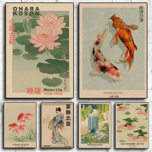 Set of six vintage-style prints featuring nature and traditional elements, with artist names and time periods.
