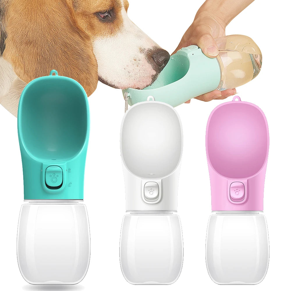 Portable dog water bottles in multiple sizes and colours showing built-in bowl and leakproof design