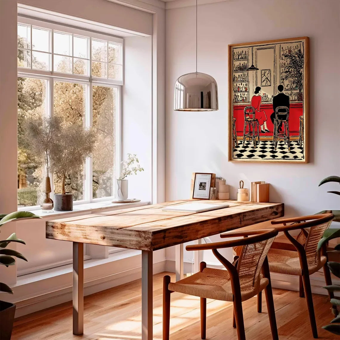 A rustic wooden dining table with metal legs in a bright, modern dining room, accompanied by woven-back chairs and a silver pendant light. On the wall, a framed retro-style illustration hangs above the table.