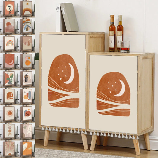 Multiple boho-style self-adhesive cabinet door curtains with abstract sun, moon, rainbow and geometric patterns on wooden cupboards