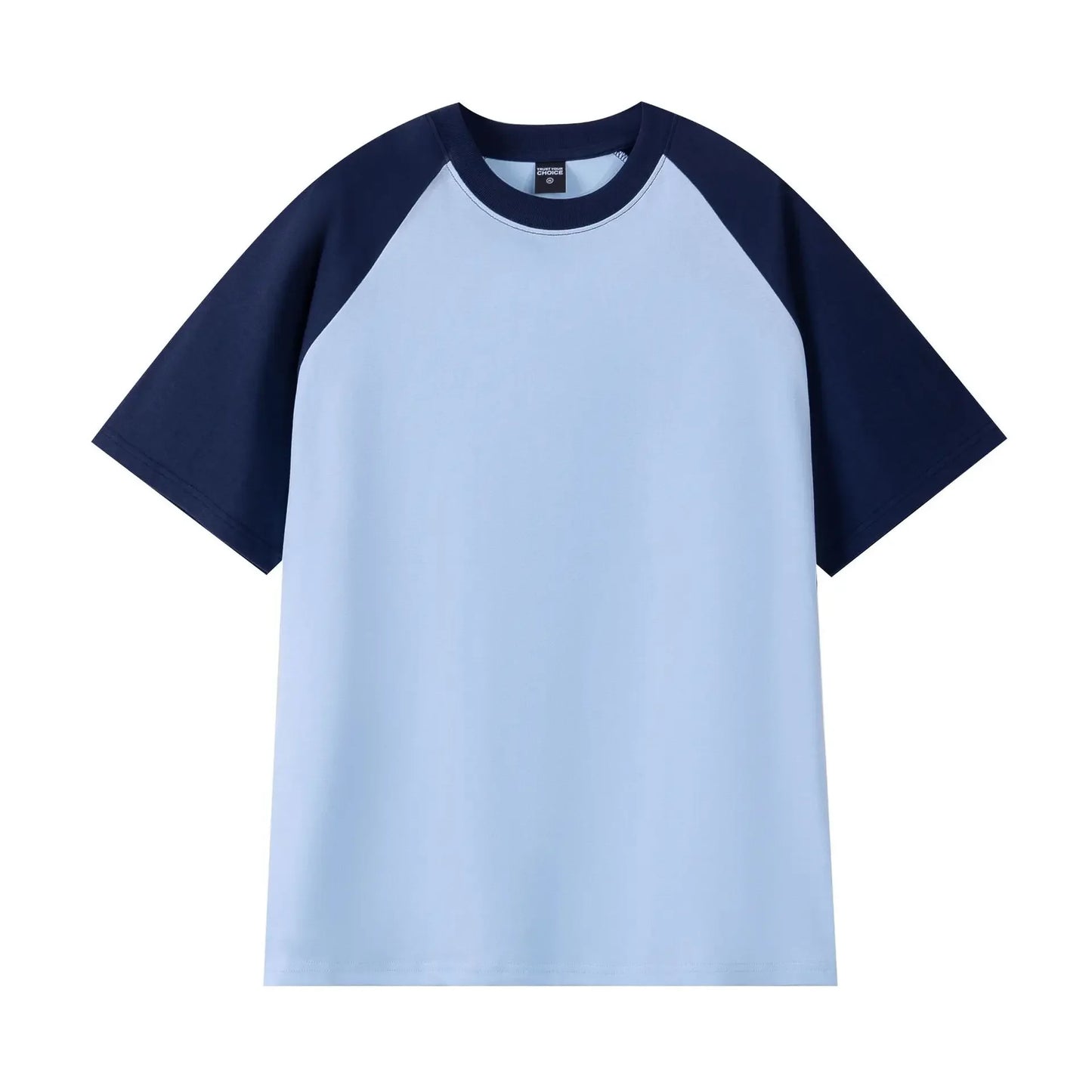 Light blue t-shirt with navy sleeves on a white background