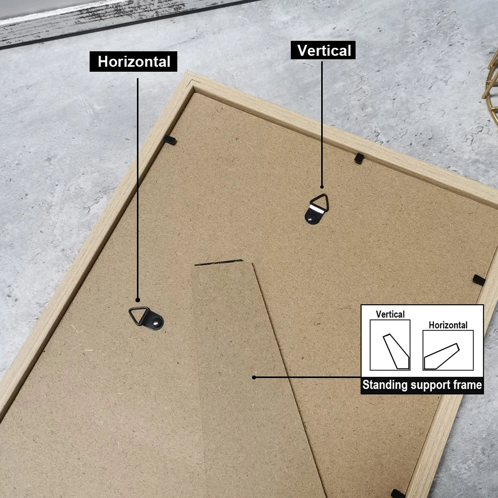 Cardboard frame with standing support system labeled for horizontal and vertical use on a concrete floor.