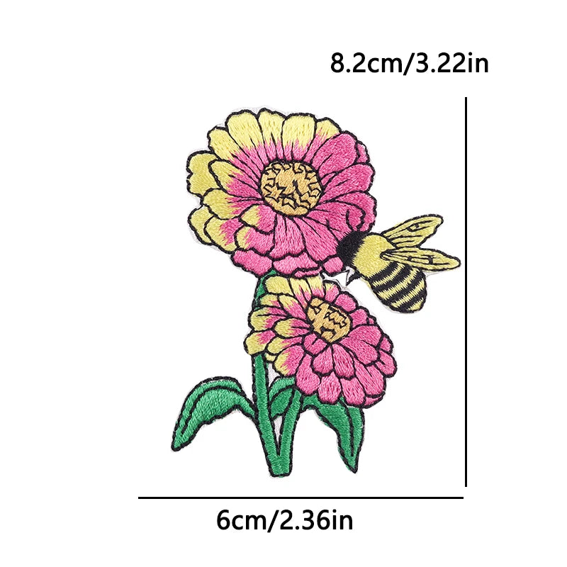 Floral patch with a bee, shown with measurements on a white background