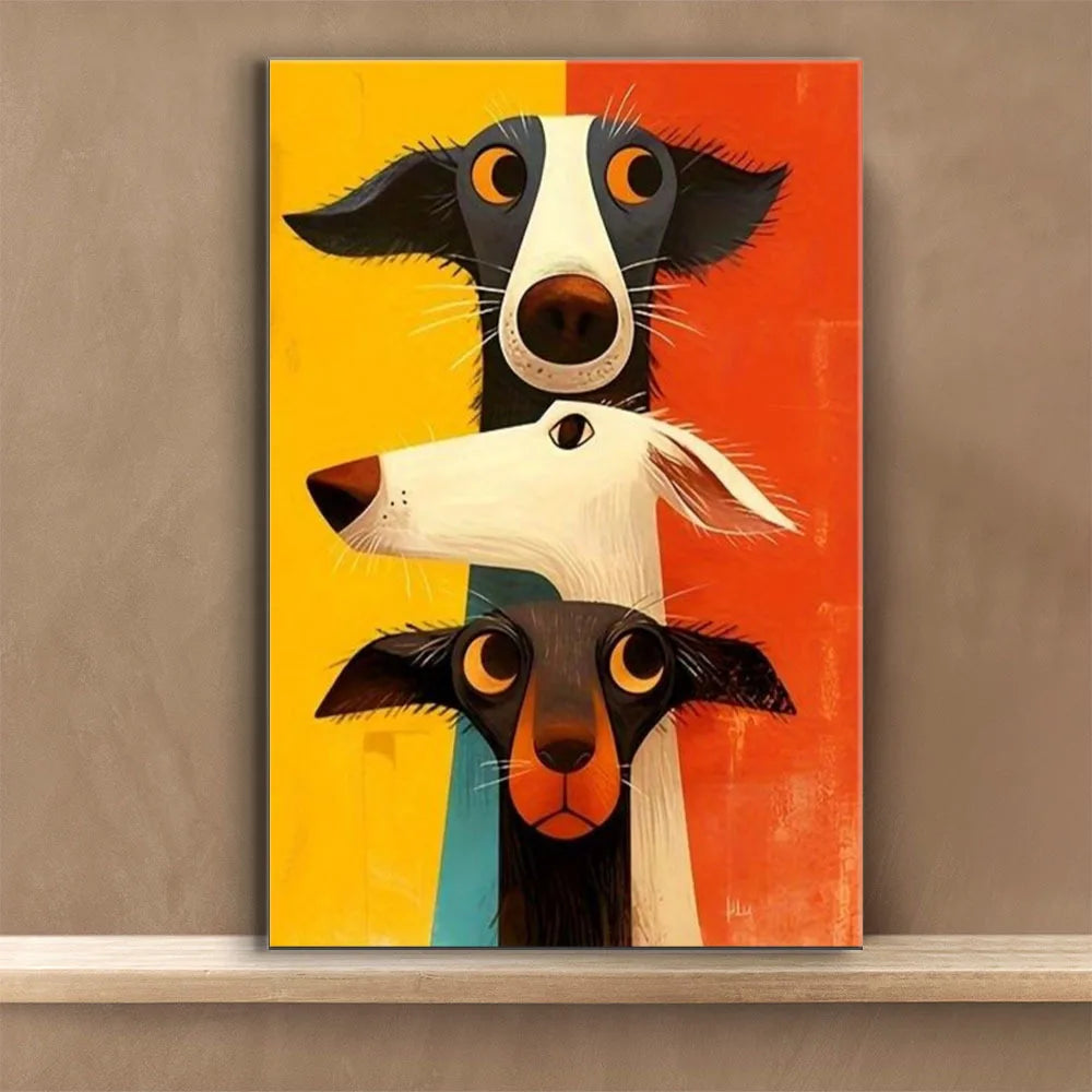 Canvas print of three stylized dogs on a yellow, orange, and red background