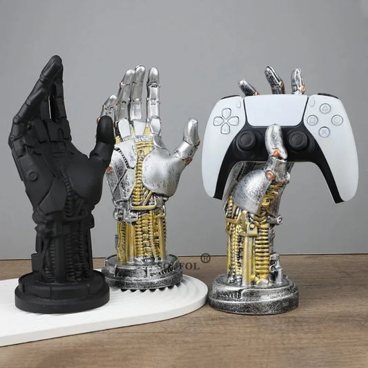 Cyberpunk mechanical hand controller stand holding a gaming controller on a desk