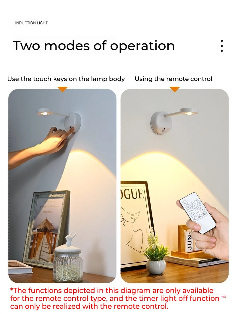 Induction light with two modes of operation: touch keys on lamp body and remote control.