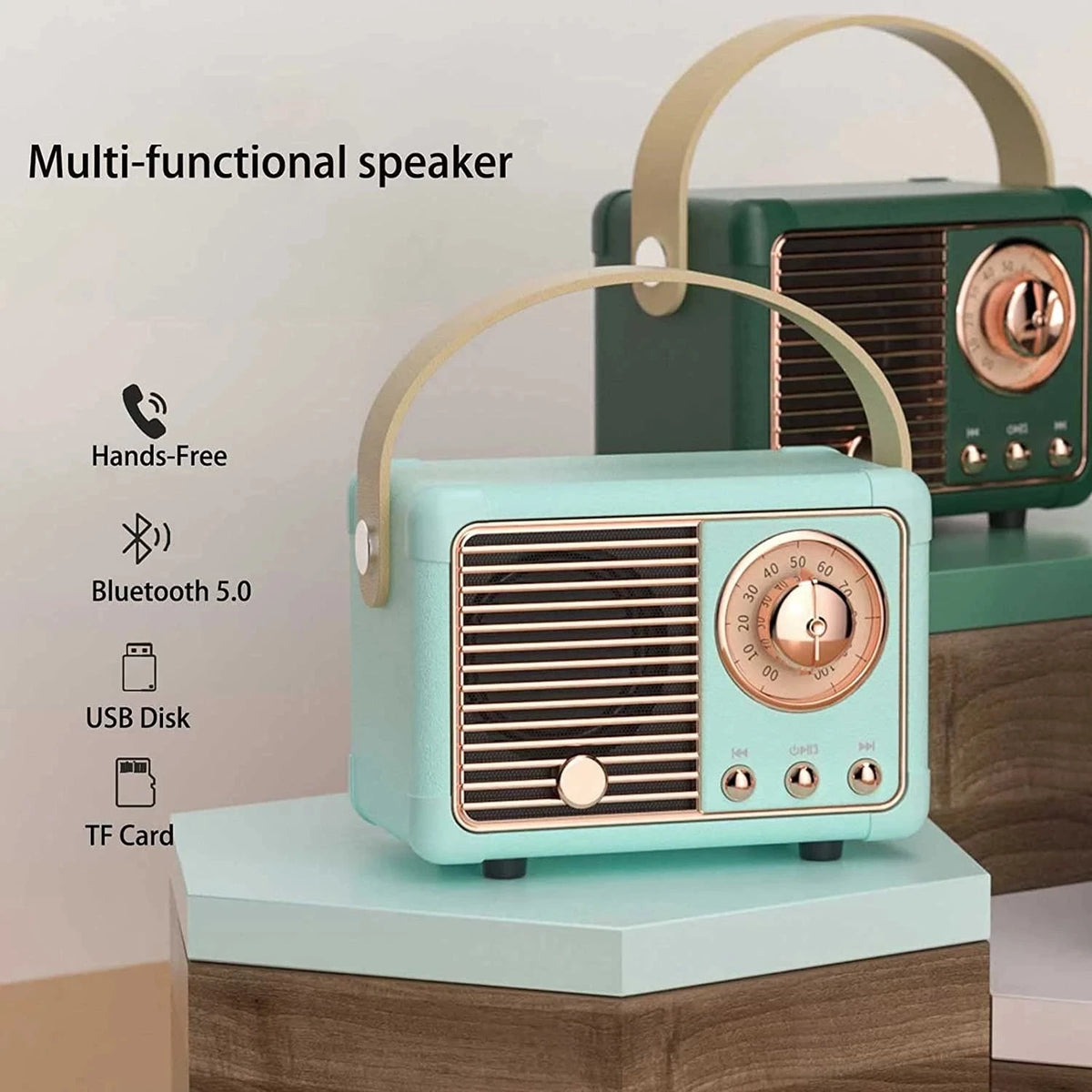 Multifunctional speaker with Bluetooth 5.0, USB disk, and TF card capabilities on a wooden stand.