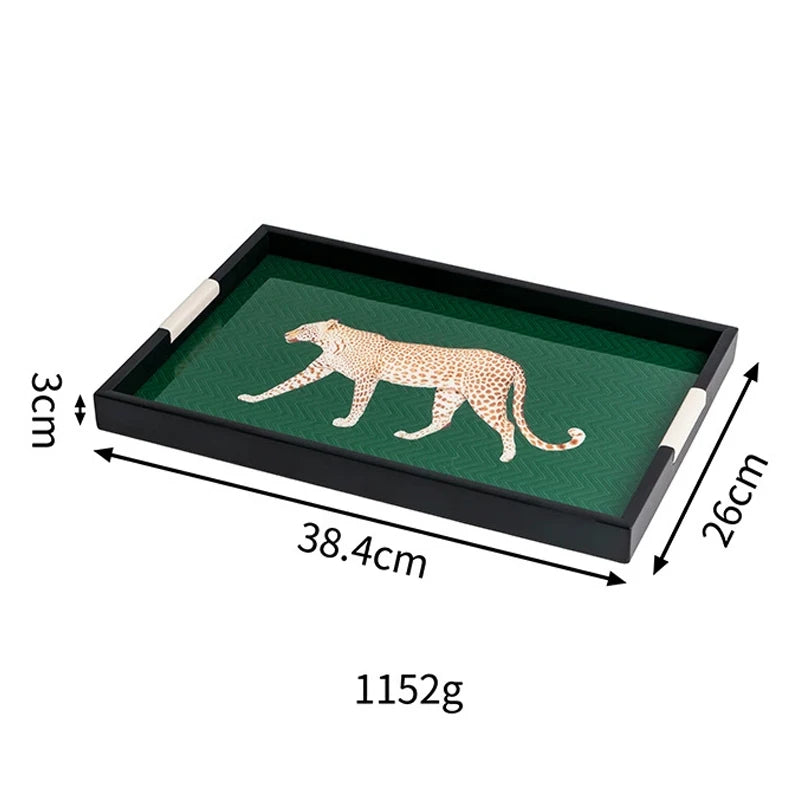 Tray with a leopard design and measurements on a white background