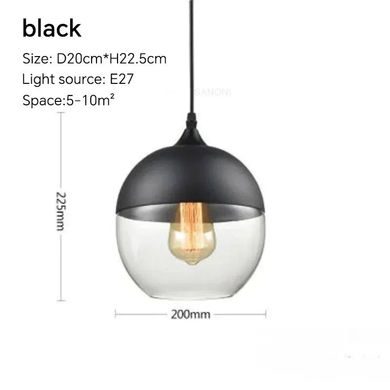 Black pendant lamp with clear glass shade and dimensions on a white background