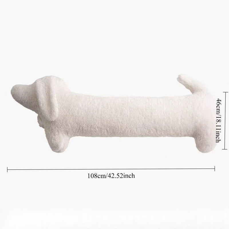 White dog-shaped cushion with dimensions on a white background