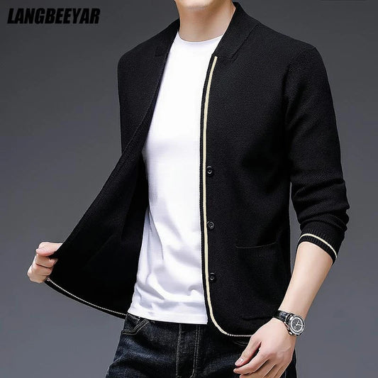 Men wearing a black slim fit knit cardigan with contrast trim styled casually