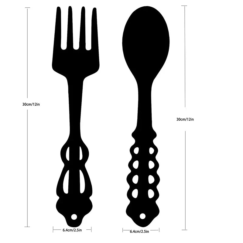Black silhouette of a fork and spoon with measurements on a white background