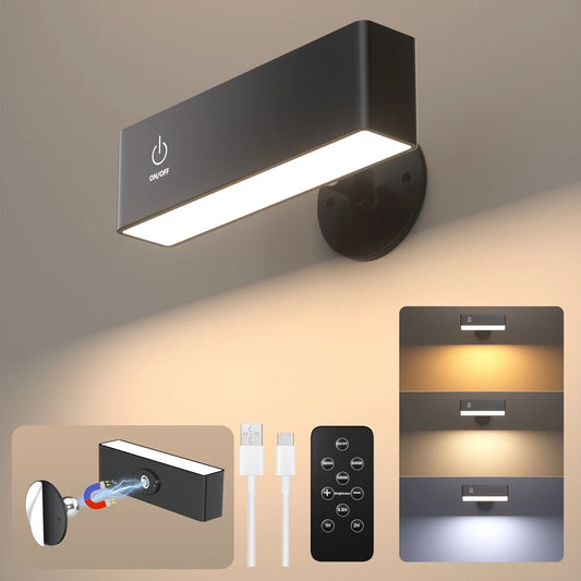 Rechargeable LED wall reading lamp with magnetic 360° rotation and touch control in black and white