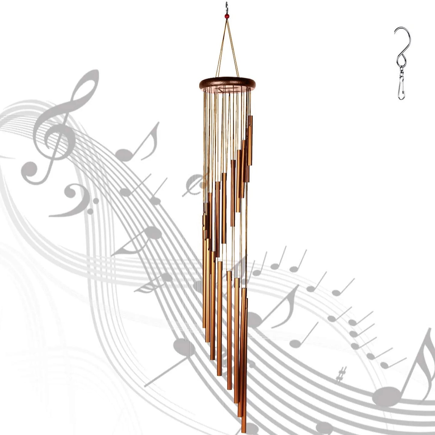 Decorative wind chime with musical notes in the background
