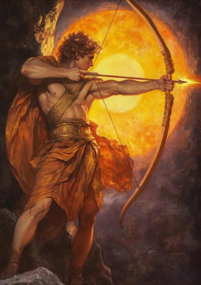 Greek God Apollo mythology canvas wall art poster collection showing Apollo with a bow and arrow with a glowing sun in the  background