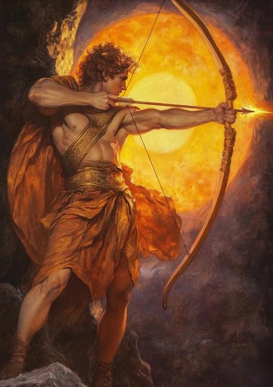 Greek God Apollo mythology canvas wall art poster collection showing Apollo with a bow and arrow with a glowing sun in the  background