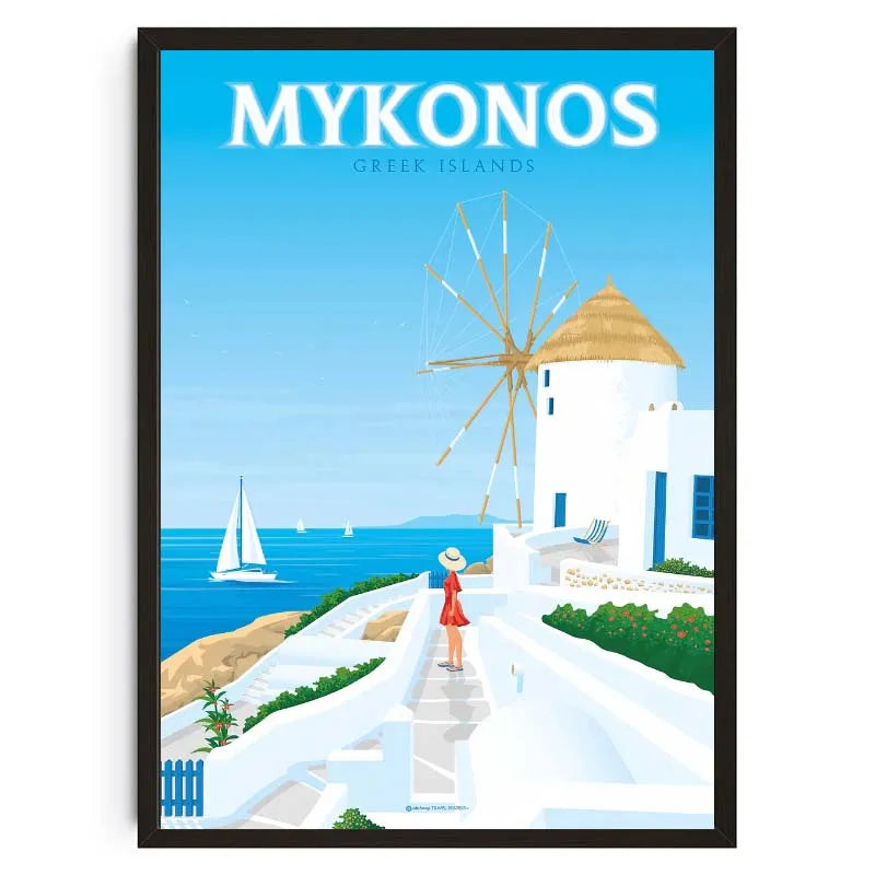 Poster of Mykonos Greek Islands with a windmill and ocean view.