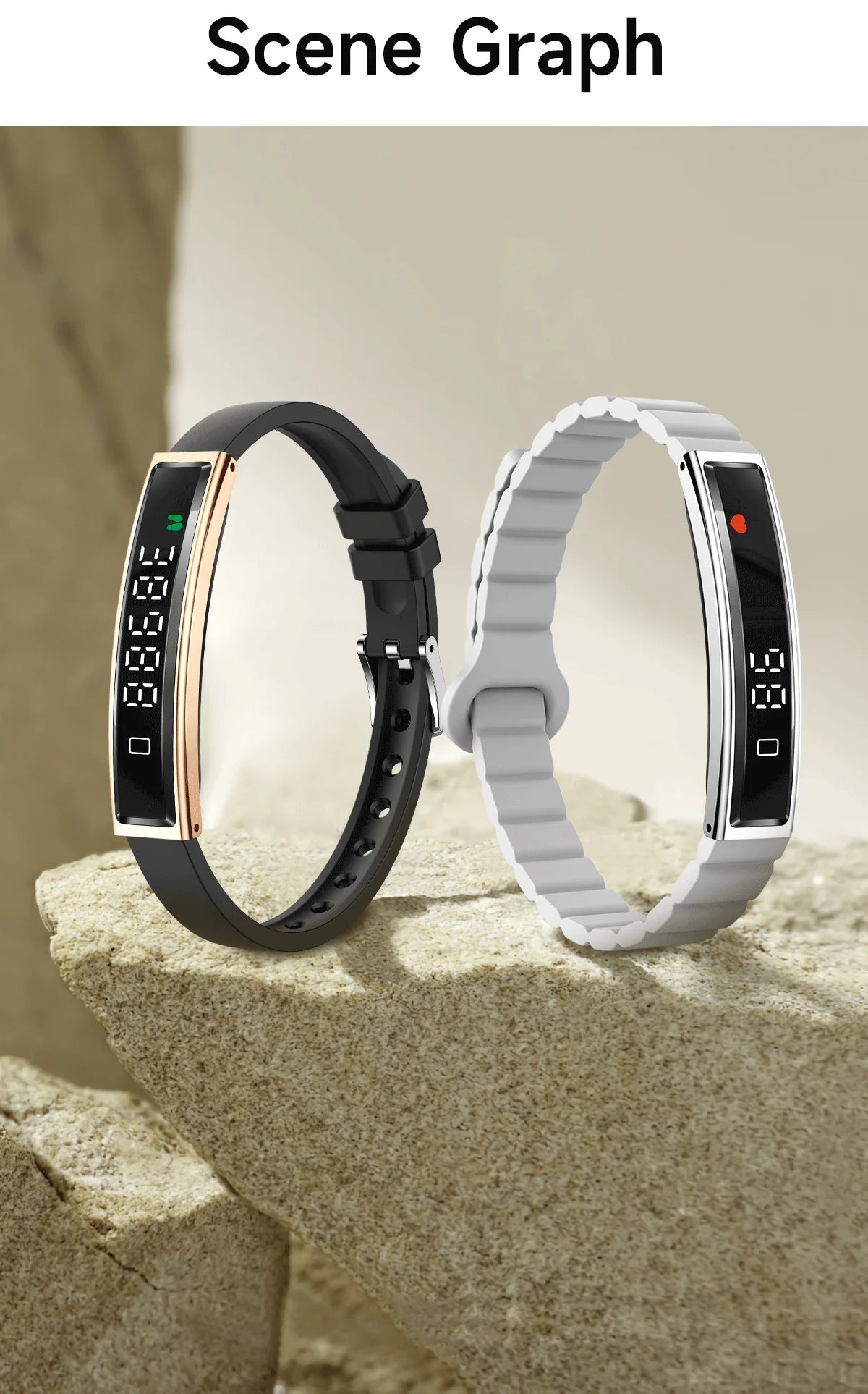 Smart fitness bracelet in gold and white, showing slim touchscreen and silicone/mesh straps.