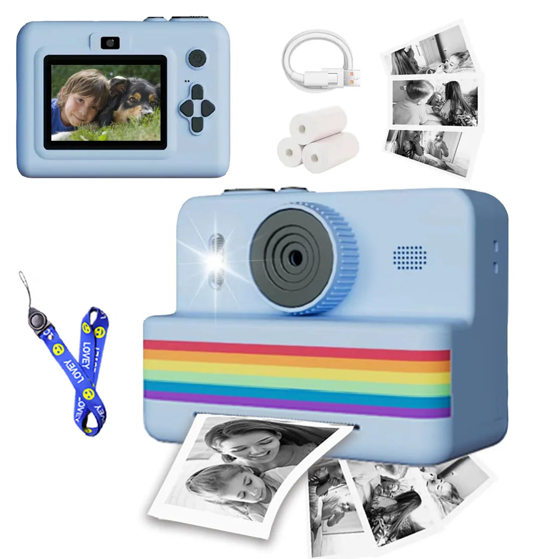 Blue digital camera with rainbow stripe, lanyard, and printed photos on a white background
