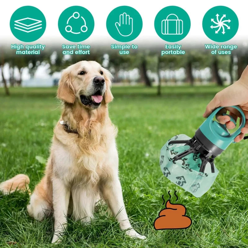 Dog sitting on grass with a person using a pet waste removal tool, surrounded by icons and text about product features.