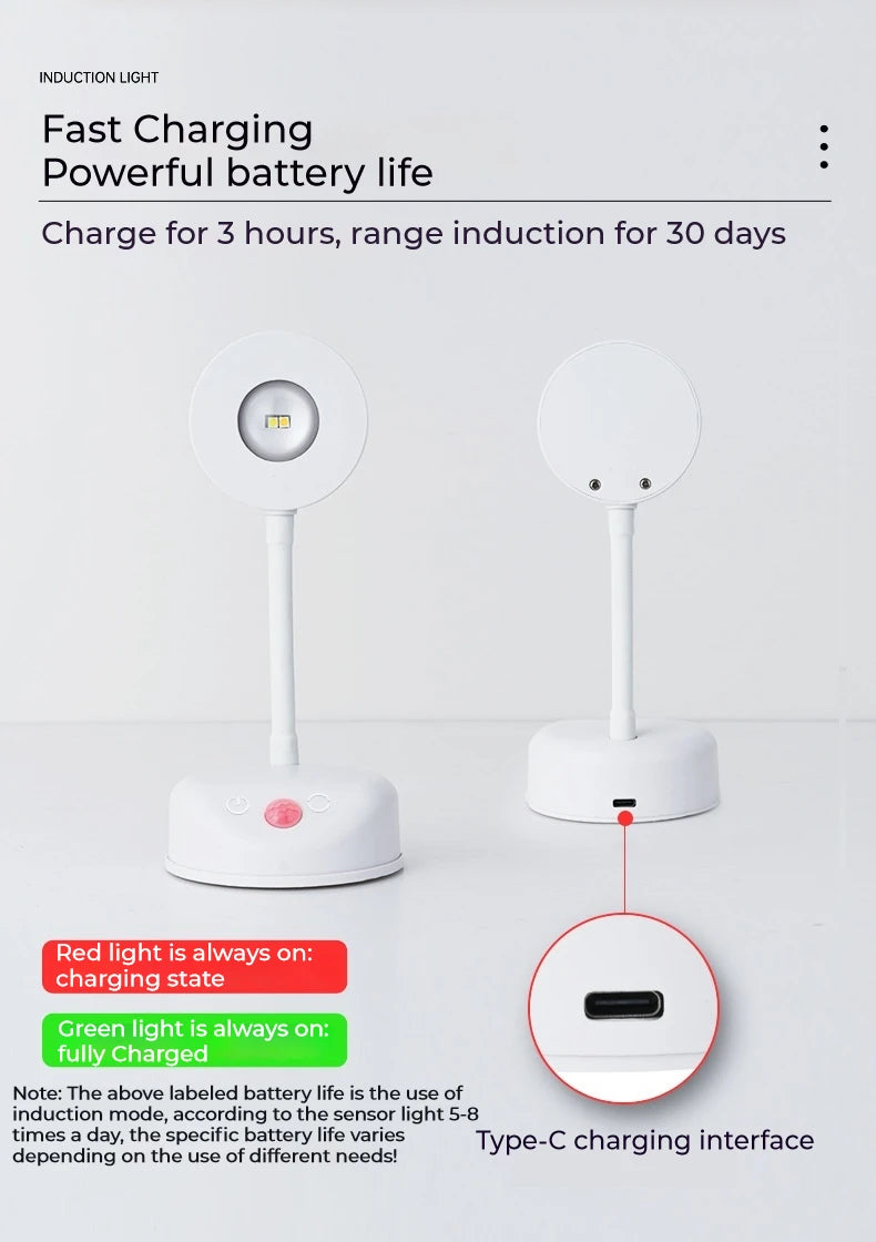 Induction light with charging interface and battery life indicators on a white background