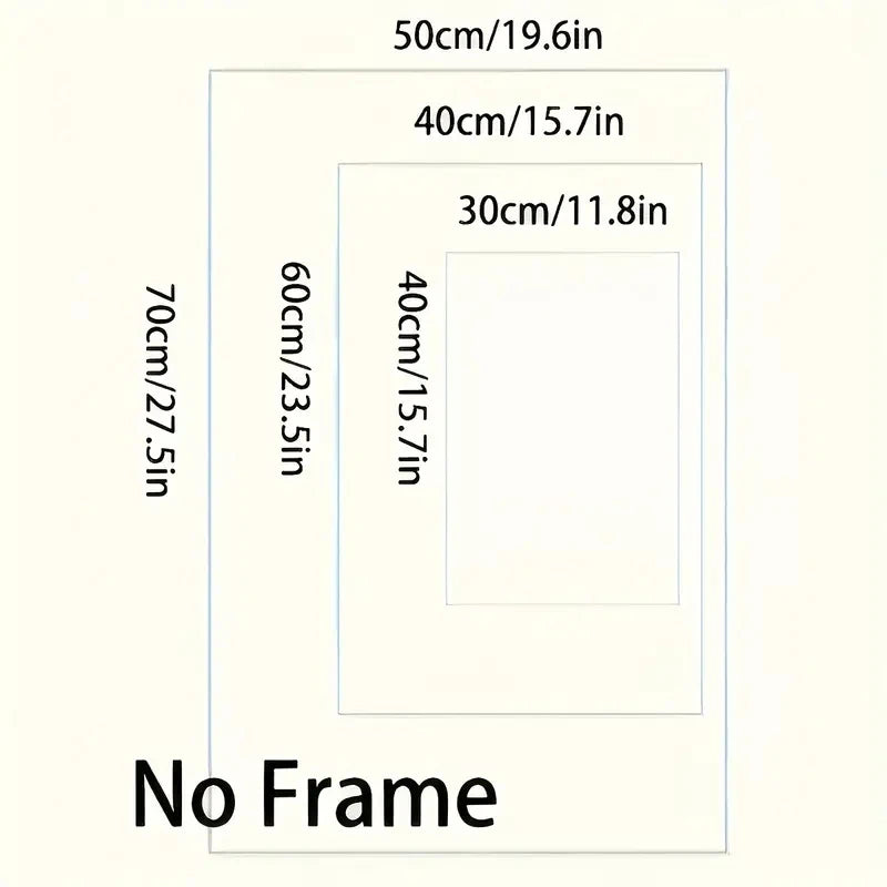 Measurement chart for a no frame product with dimensions labeled.