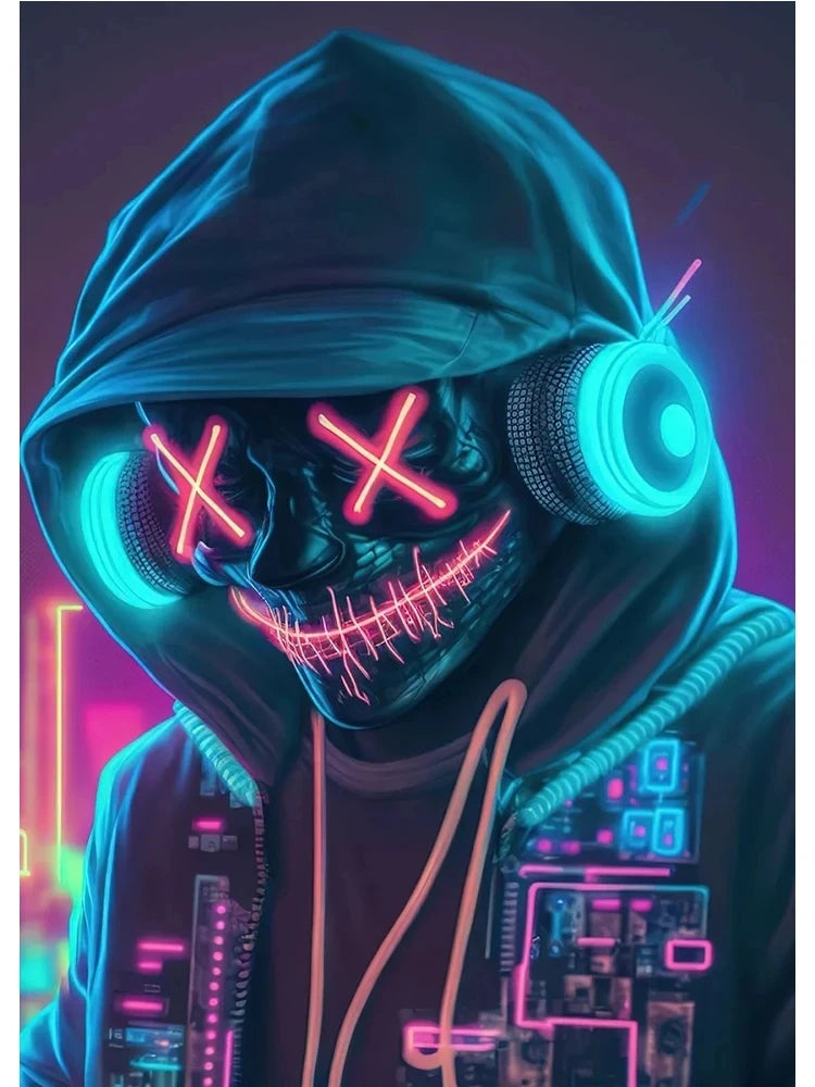 Person wearing a futuristic hoodie with neon lights and electronic design elements.