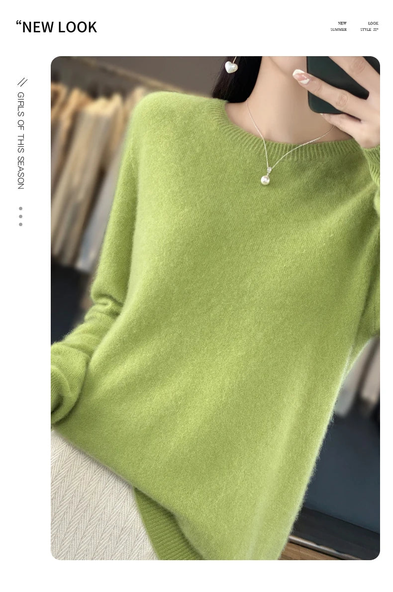 100% Merino Wool Women’s Sweater – Soft Cashmere-Feel O-Neck Pullover, Autumn/Winter Warm Knit Top (14 Colours)