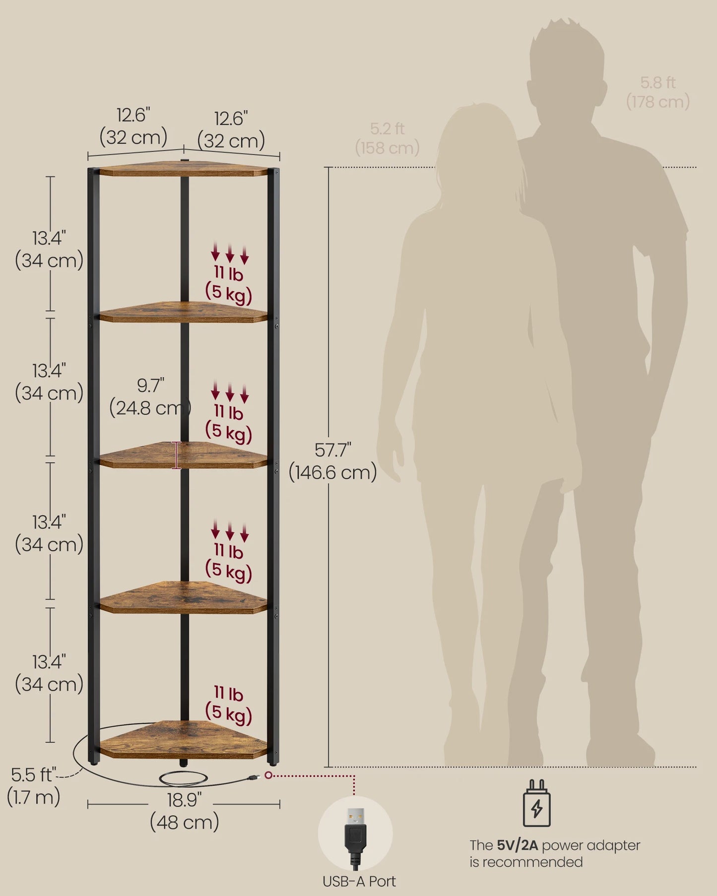 VASAGLE LED Corner Shelf – 5 Tier Industrial Bookcase with Remote Lighting