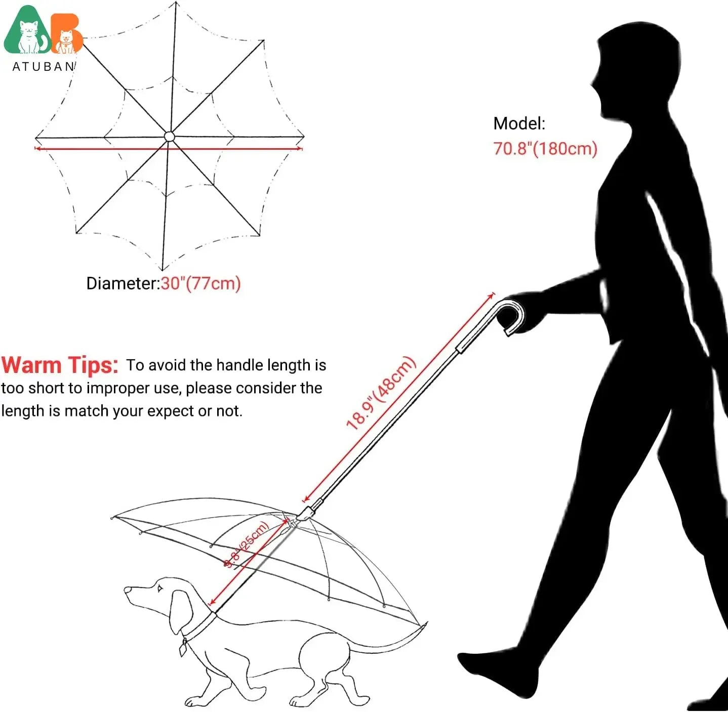 Measurement chart for a dog umbrella with dimensions and a silhouette of a person and dog using it.
