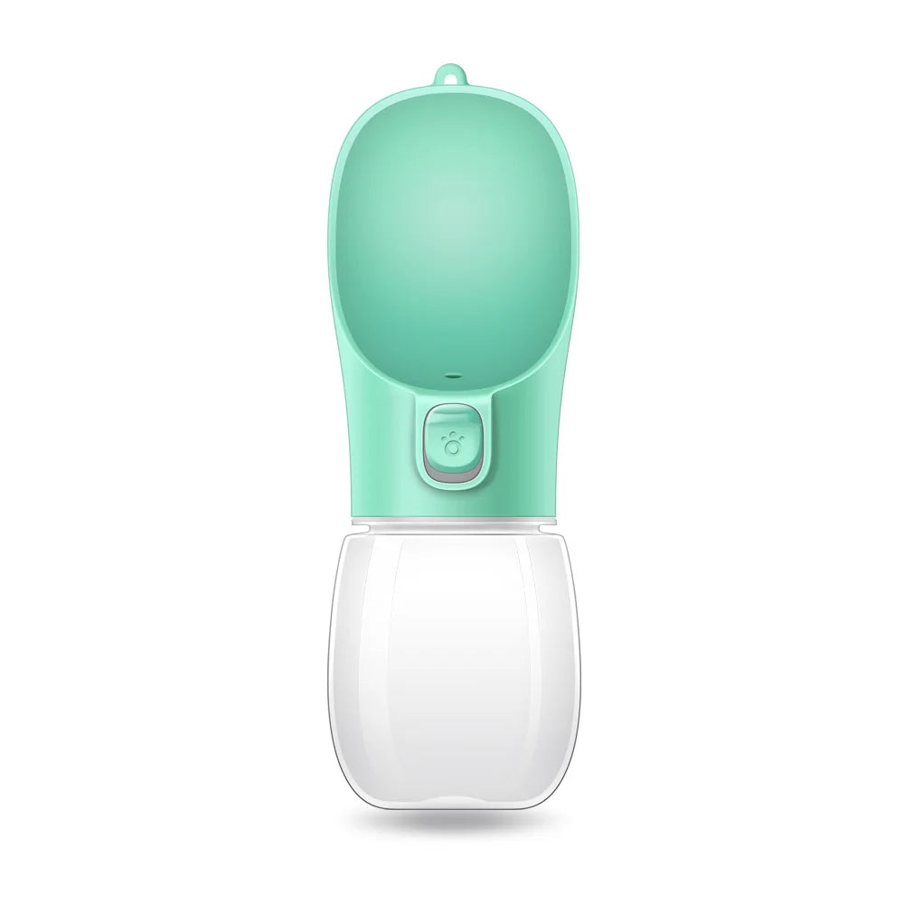 Portable pet water bottle with a green top and clear base on a white background