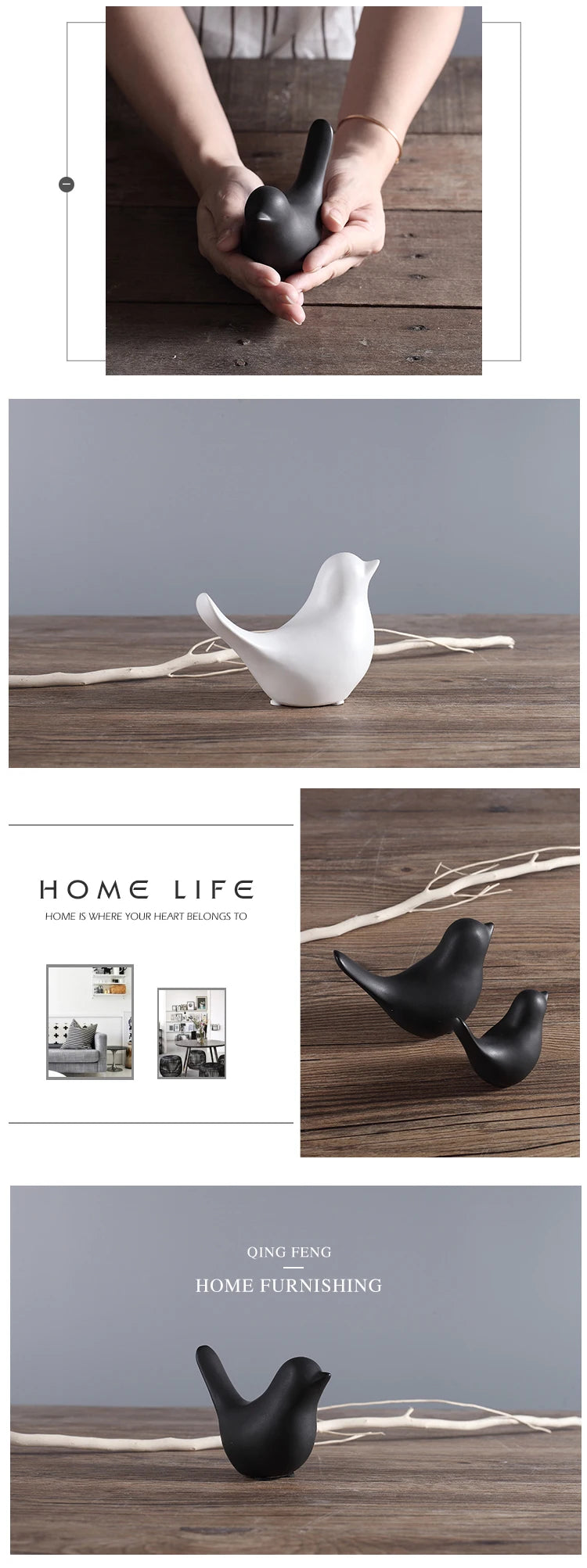 Collage of decorative bird figurines on a wooden surface with 'Home Life' branding.