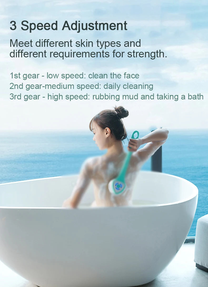 Woman in a bathtub with a scrubber, text about speed adjustment for cleaning, and a scenic background.