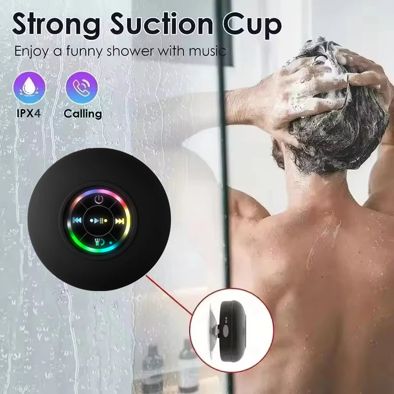 Shower head with strong suction cup and Bluetooth speaker, featuring IPX4 rating and calling function.