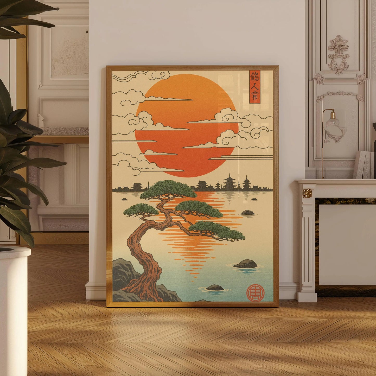 Framed artwork of a sunset over a tree in a room with wooden flooring and decorative elements.