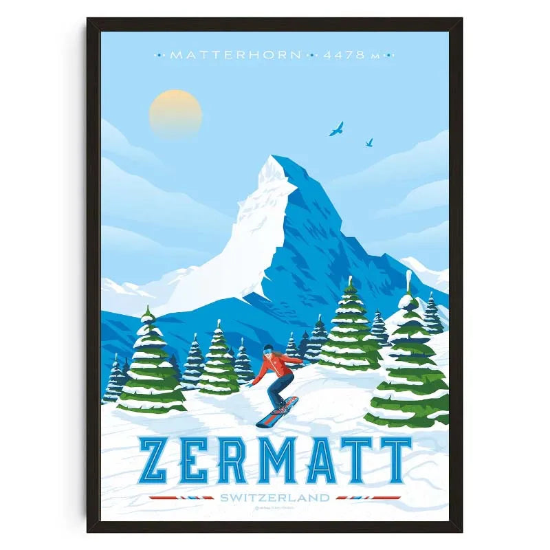 Poster of a skier near the Matterhorn mountain in Zermatt, Switzerland.