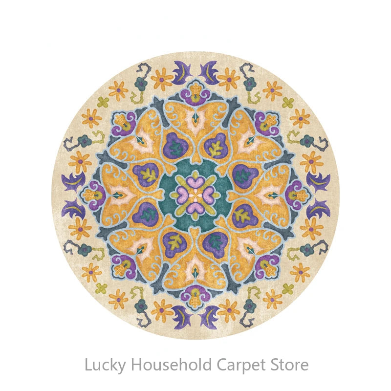 Round decorative rug with a colorful floral pattern on a white background, branded 'Lucky Household Carpet Store'.