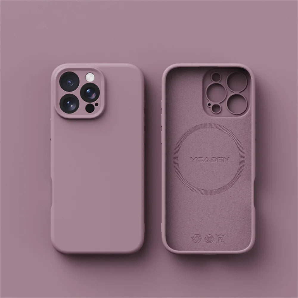 Purple phone case with brand logo on a matching pink background