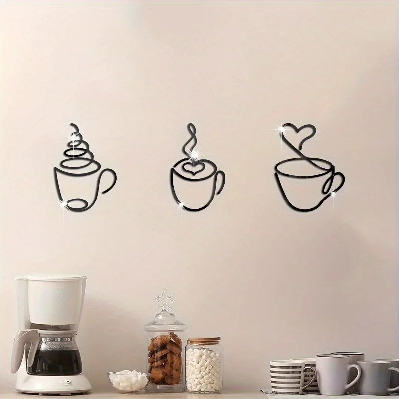 Decorative wall stickers of coffee cups on a beige wall with kitchen items below.