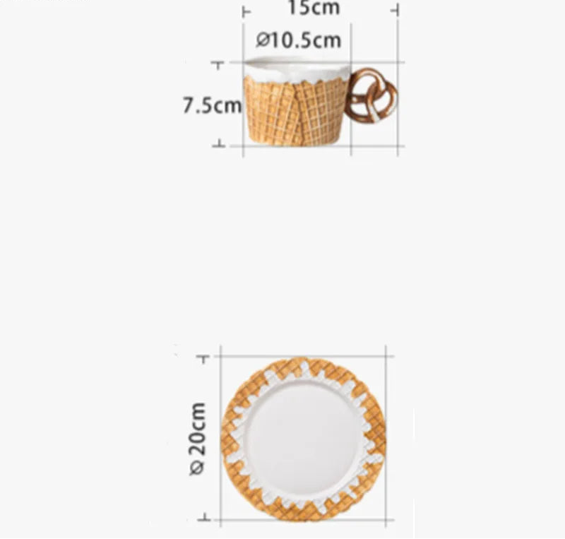 Measurement chart of a ceramic waffle cup and saucer with dimensions on a white background.