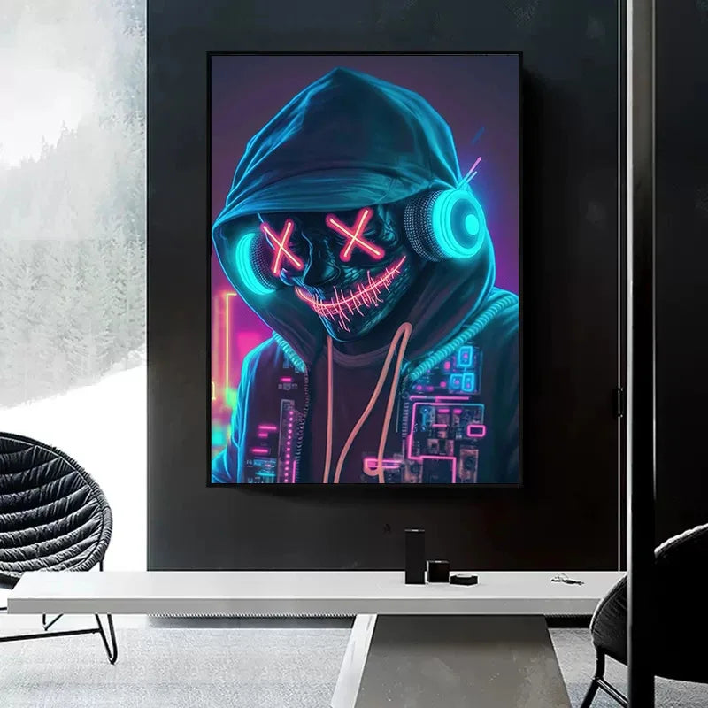 Futuristic hoodie with neon lights displayed on a wall in a modern interior setting.