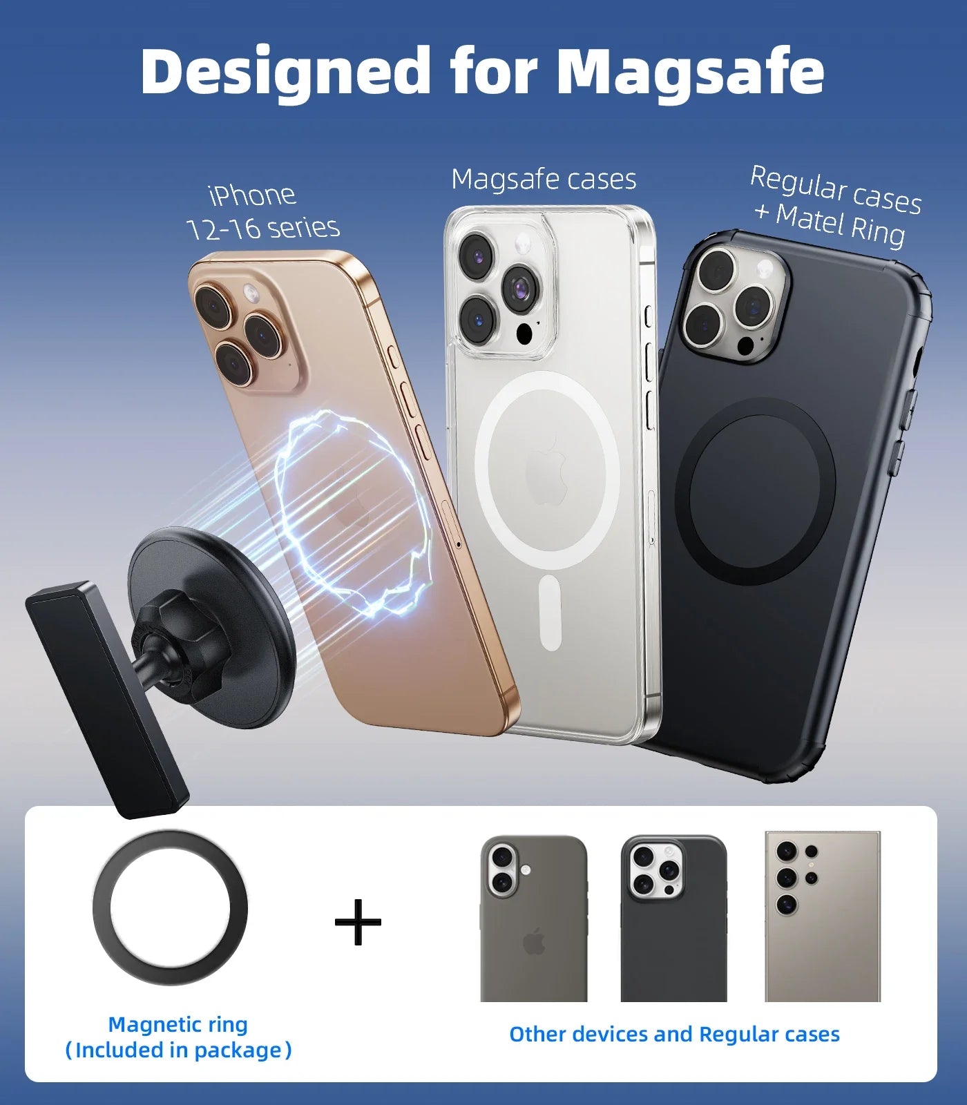 Phone cases and magnetic ring designed for Magsafe compatibility on a blue gradient background.