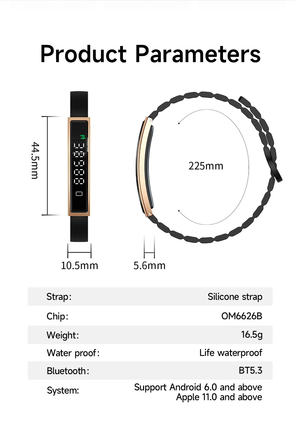 Smart fitness bracelet in gold and white, showing slim touchscreen and silicone/mesh straps.