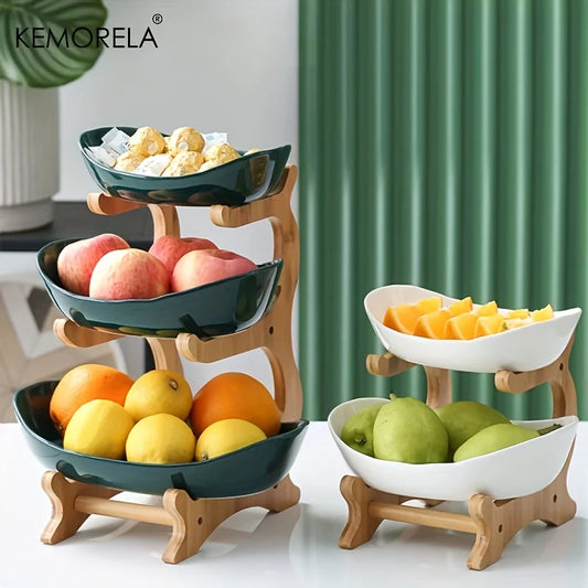 KEMORELA tiered fruit and snack serving stand with wooden frame and curved bowls displayed in two and three tier options