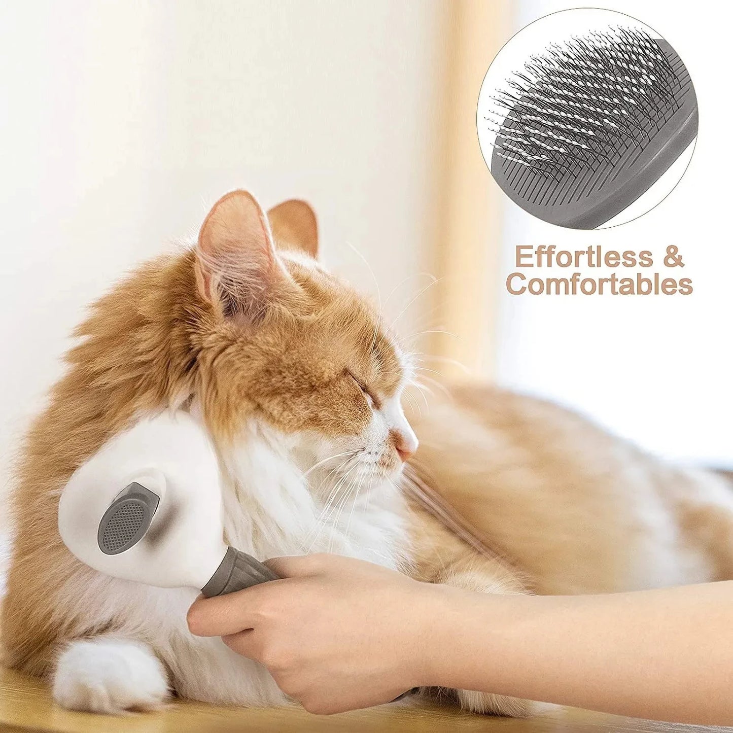 Cat being groomed with a pet grooming tool, close-up of brush head, and text 'Effortless & Comfortable'.