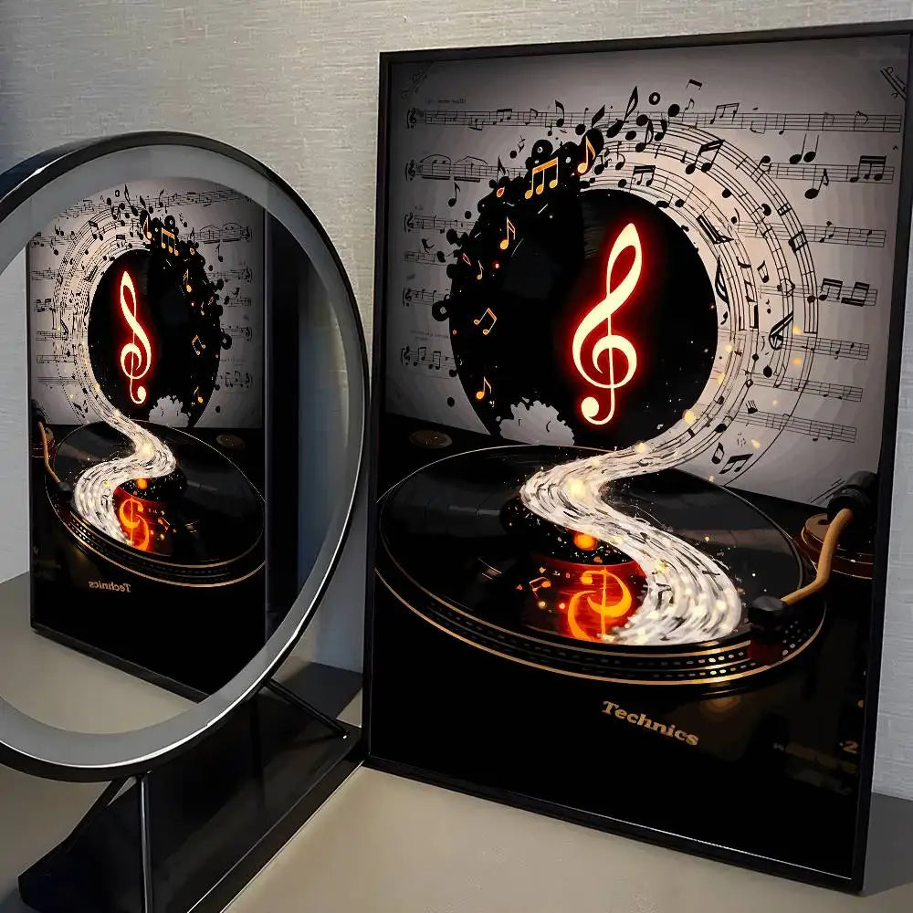 Decorative bookends with music notes and vinyl record design on a light gray background