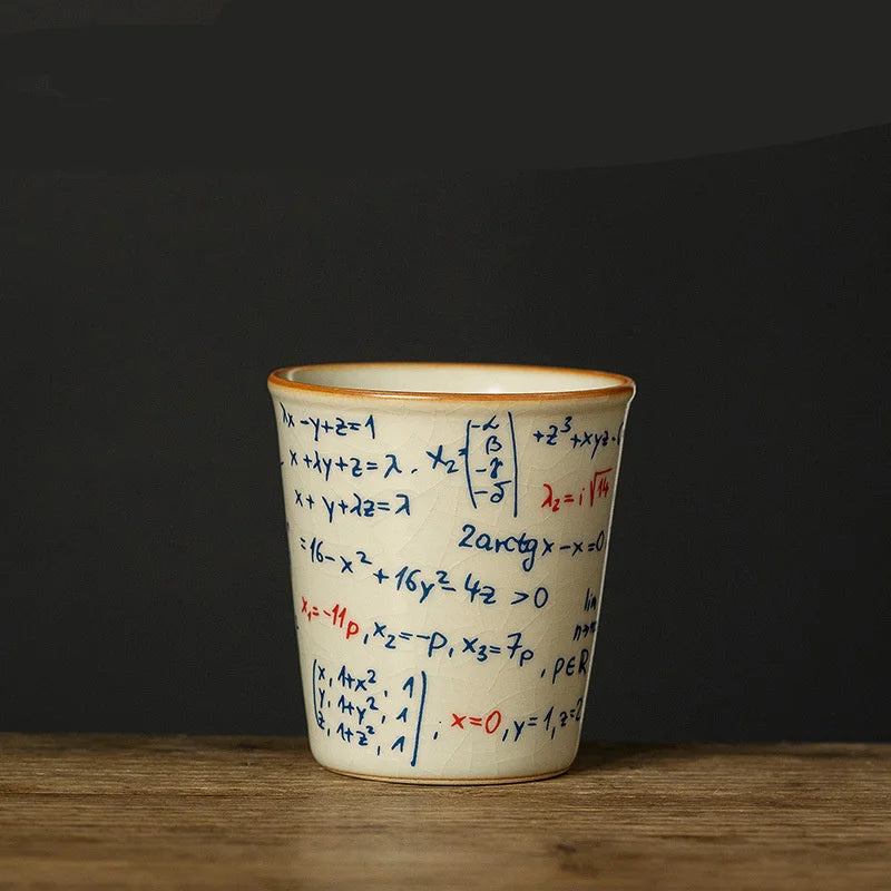 Ceramic mug with mathematical equations on a dark background