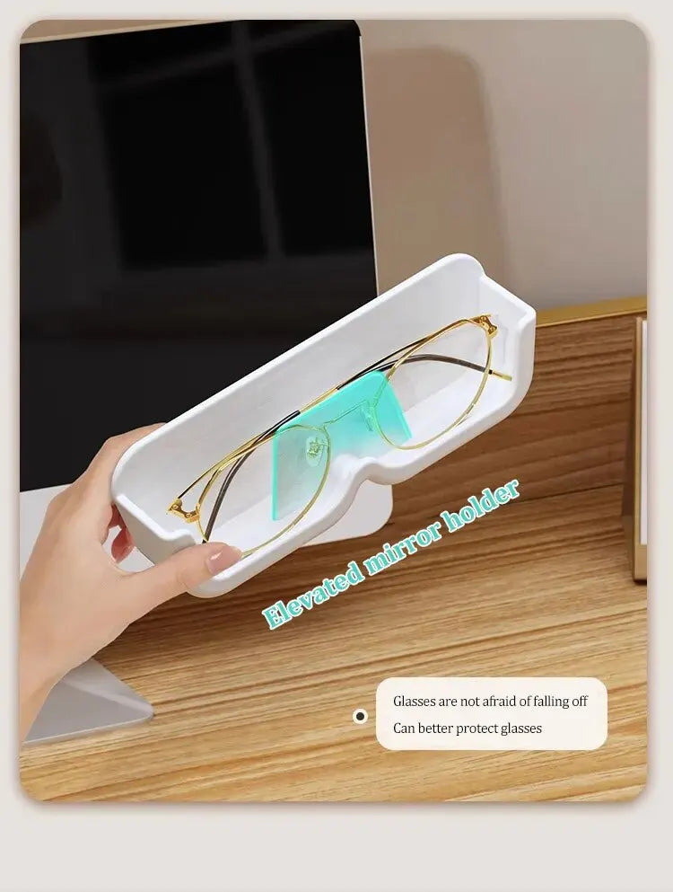 Elevated mirror holder with glasses on a wooden surface