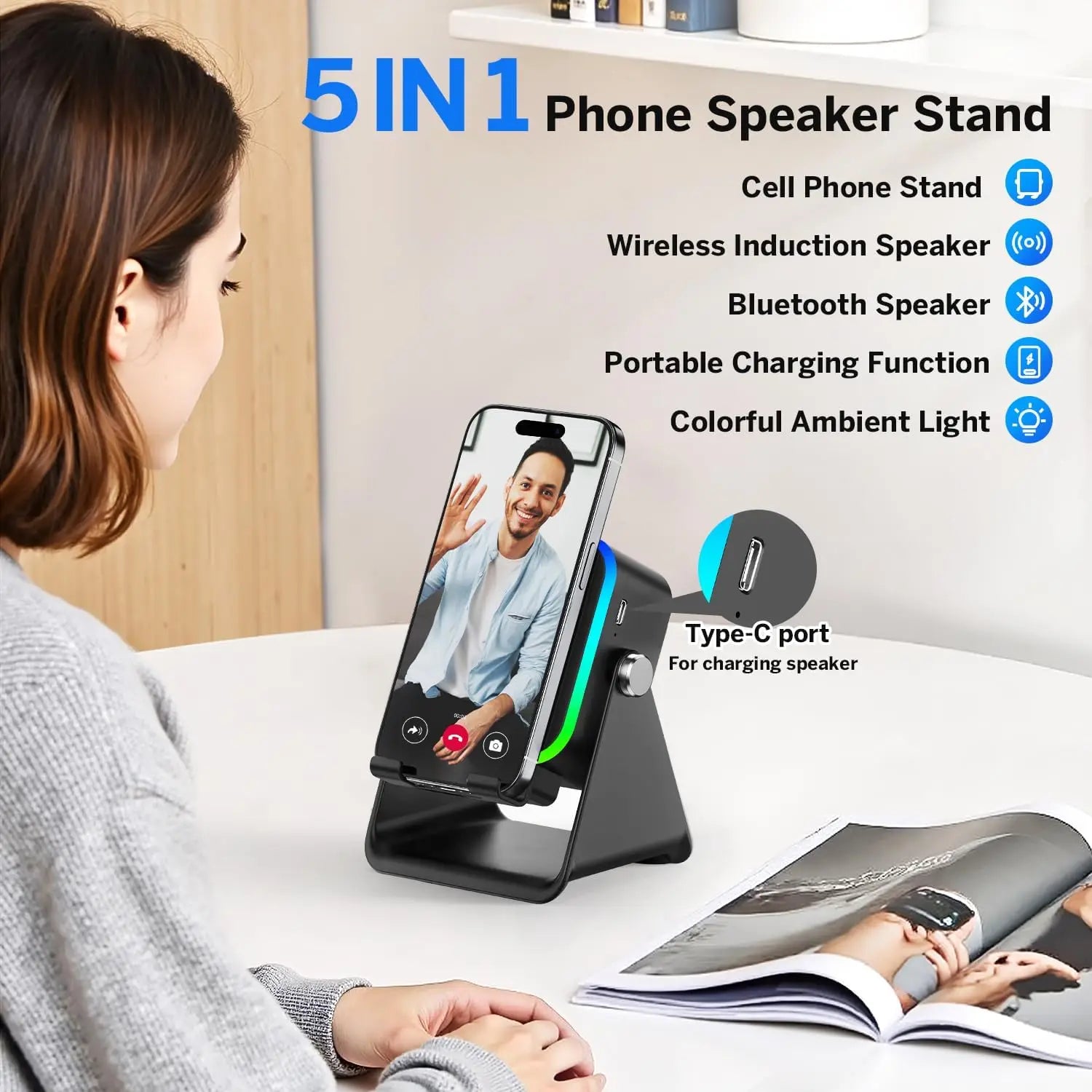 5-in-1 Bluetooth speaker with wireless charging, RGB lighting and adjustable phone stand for desks, bedside tables and home offices.