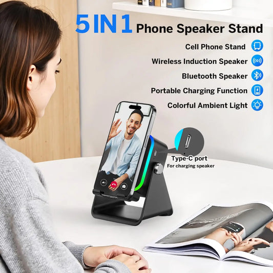 5-in-1 Bluetooth speaker with wireless charging, RGB lighting and adjustable phone stand for desks, bedside tables and home offices.